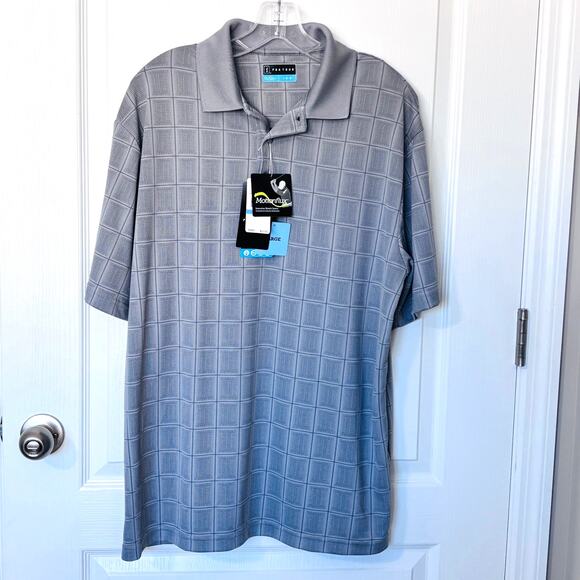 PGA Tour Men's NWT Large Gray Windowpane Plaid Golf Polo Shirt Motion Flex - Picture 8 of 8
